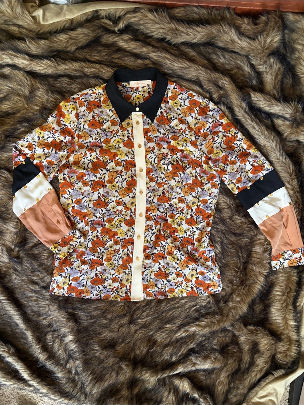 Tory Burch Silk Shirt Ditsy Blossom Patchwork Stud Print Floral Orange Size 10